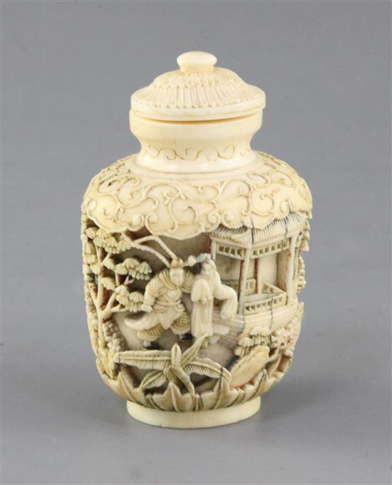 A Chinese ivory snuff bottle and stopper, 19th century, height 8.8cm